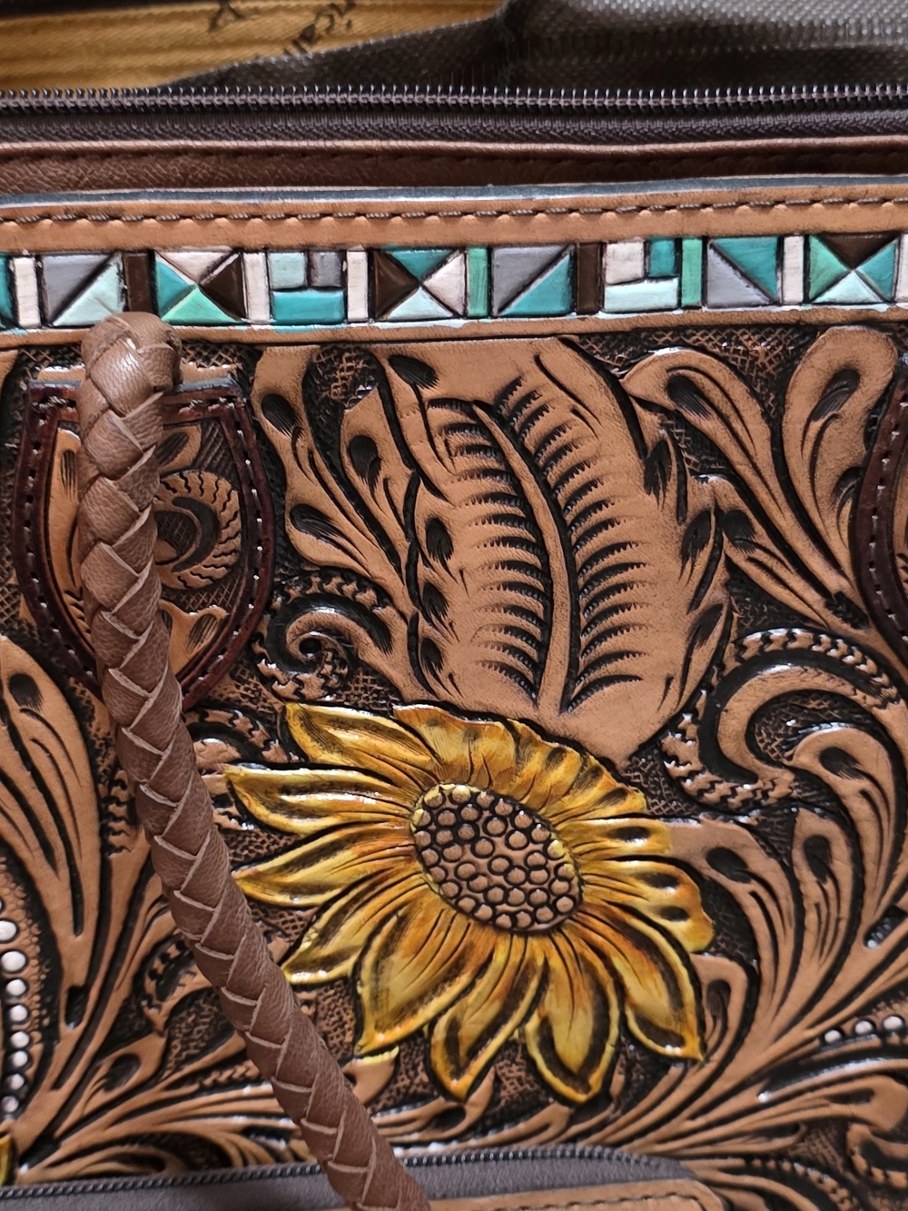 American Darling Brown Tooled Leather Sunflower Tote with Turquoise Accents - Picture 5 of 6